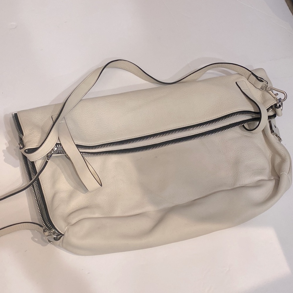 Marni White Leather Tote Satchel Handbag Black Zipper Suede Pockets Cream Grey
